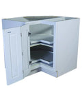 36 Inch White Corner Kitchen Cabinet With Dual Lazy Susan Spin Shelves And Smooth Operator Soft Close Doors, open view with shelves.