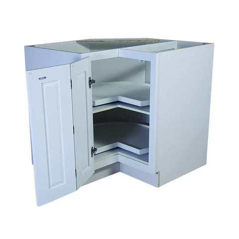36 Inch White Corner Kitchen Cabinet With Dual Lazy Susan Spin Shelves And Smooth Operator Soft Close Doors, open view with shelves.