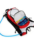 All Terrain Hydration Backpack With 2L Water Bladder Lightweight Outdoor Pack Built For Trail Running, Hiking, Mountaineering, Cycling And Sports Waterproof Hydropack In Green, showing open compartment with clothes and hydration tube.