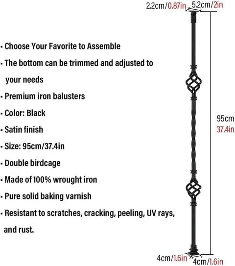 Real Deal Black Wrought Iron Square Balustrade Spindle With Heavy Duty Stair Railing Posts For Deck Porch Balcony And Pool Fence Setup Quick To Mount Screw Kit Supercharge Your Yard Safety Gear Right Now, 95cm wrought iron spindle with satin finish.