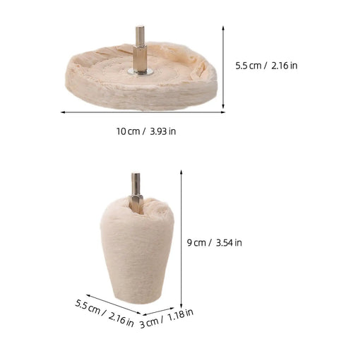 6 Pack Soft White Polishing Pads For Drill With 1/4 Inch Shank, showcasing round and cone shapes for buffing and waxing.