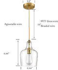 Lit Brushed Gold Pendant Light With Clear Glass Shade, Adjustable 59 Inch Cord, Bell Shape Fixture dimensions view