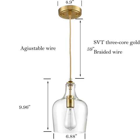 Lit Brushed Gold Pendant Light With Clear Glass Shade, Adjustable 59 Inch Cord, Bell Shape Fixture dimensions view