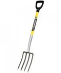 Fiberglass Handle Spading Fork Pro for garden yard work, heavy-duty 30 inch yellow shaft, black D grip, forged head, four tines tool