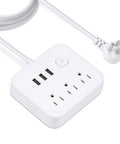 Power Strip With USB Ports And 3 Outlets Flat Plug Desktop Charging Station For Dorm Home Office Travel UL Listed 2000W 10A 3 USB Ports 5V 2.1A No Surge Protector White close-up