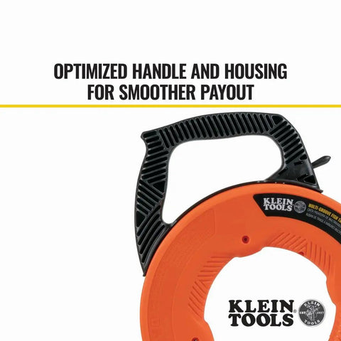 Non Conductive Fiberglass Fish Tape With Multi Groove Design For Smoother Wire Pulling No Fuss 50 Foot Length Three Sixteenth Inch Width Optimized Housing And Handle For Less Friction And Payout with ergonomic handle