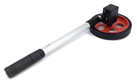 Straight-Shooting Walking Measuring Wheel With Built In Four Digit Counter, featuring rubber wheel and durable handle for reliable distance measurement.
