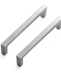 30 Pack Slim 5 Inch Center To Center Square Bar Cabinet Handles Brushed Nickel Kitchen Drawer Pulls For Modern Cabinets Durable Solid Metal Build With Long Lasting Finish Slick And Sleek Look showing two handles