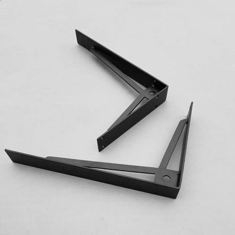 Heavy Duty Black Metal Shelf Brackets showing two sturdy wall mount supports in a sleek rust proof design for strong shelving.