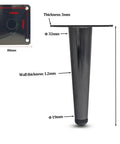 Beefy Sixty Centimeter Tapered Iron Sofa And Table Leg Set Four Pack Replacement Legs For Benches Chairs And Workbenches With Silver Accent Heavy Duty Metal Furniture Feet Easy To Clean And Install, showing a tapered black leg with measurements and rubber foot end