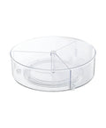 Super Sleek 11 Inch Lazy Susan Turntable With Three Divided Trays For Kitchen Cabinets And Fridges To Straight Up Crush Deep Shelf Clutter Once And For All, clear plastic rotating tray.