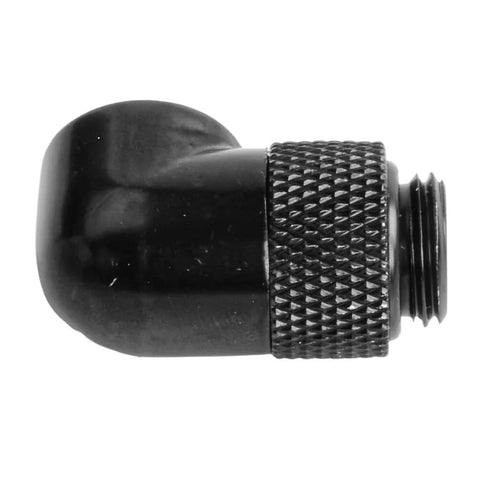 90-degree rotary PC water-cooling elbow fitting with G1/4 thread and black knurled body.