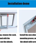 Installation demo for Heavy Duty Double Wheel Pulley With Slick Nylon Glide For Sliding Doors And Windows showing sash lifting and wheel installation.