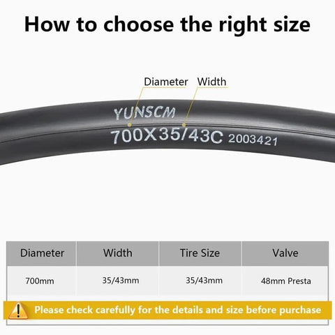 Diagram showing size dimensions for Beefy 700C Bicycle Inner Tubes With 48mm Presta Valve for 700x35c 38c 40c 42c 43c