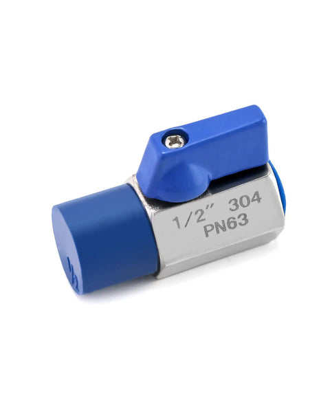 1/2 inch 304 stainless steel ball valve with blue handle; part of Two Pack One Half Inch NPT Stainless Steel Ball Valve Set With Male To Male Threads Shut Off Mini Ball Valves Durable 304 Stainless Steel Corrosion And Pressure Resistant Standard Port For Small Line Applications