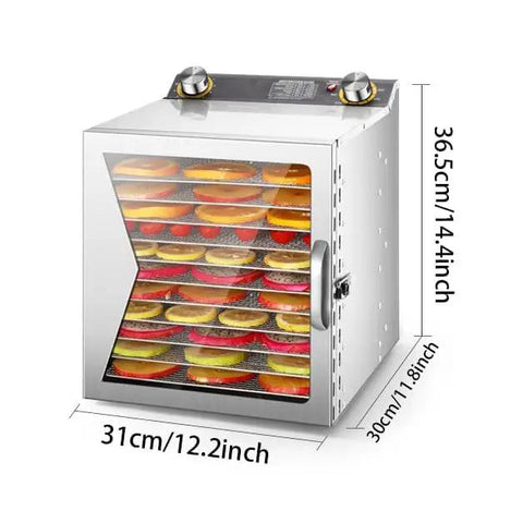 Kickstart Your Prep With This Kickass Silver Food Dehydrator Featuring Twelve Sturdy Racks loaded with fruit slices.