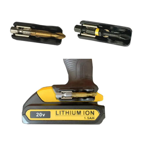 Level Up Your Daily Grind With This New Slick Two Pack Bit Holder Adapter Set That Gets The Job Done Fast On 20V Max Impact Drivers And Heavy Drills. Two hex bit holders and a drill.