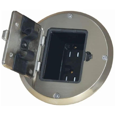 Floor Kit With Recessed Duplex 15A TR Device And Adjustable Steel Box 1 Gang Nickel Finish Tamper Resistant Receptacle open view