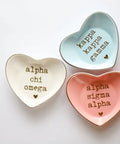 Heart Shaped Ceramic Jewelry Dish With Gold Detailing And High Gloss Finish Multi Function Tray For Home Or Office Perfect For Jewelry Keys Rings And Small Accessories Delta Zeta Inspired Style with sorority names in gold.