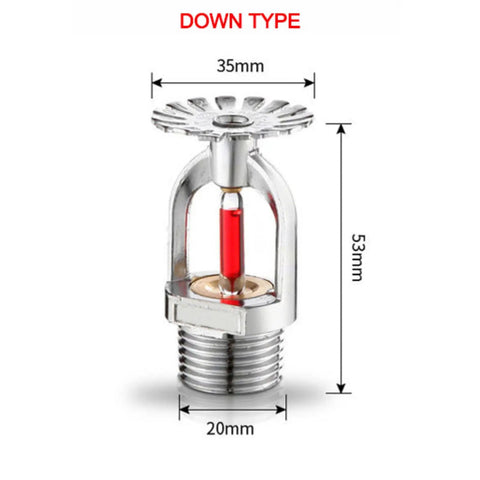 Top Shelf 6 Pack Fire Sprinkler Heads Half Inch Thread 155F Quick Response Pendent Style Polished Chrome Body Universal Wrench Included For No Sweat Setup And Chill Mode Fire Safety Upgrade, showing a down type sprinkler head with dimensions.