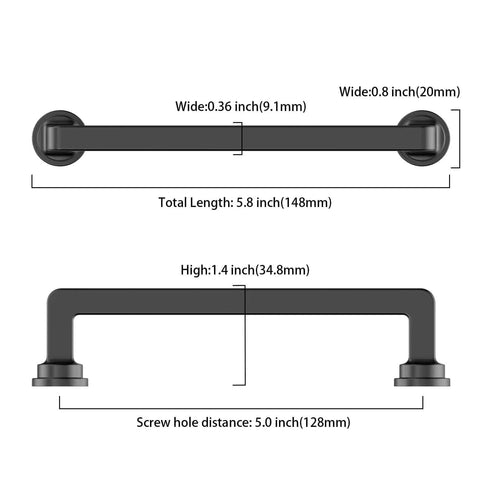 10 Pack Badass Matte Black Cabinet Pulls 5 Inch With 128 mm Spacing for Kitchen Cabinets Drawers and Cupboards, dimensions shown