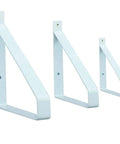 Two Pack Wall Mount Shelf Brackets Featuring Solid Right Angle Design Heavy Duty Metal Iron Build Rust Resistant Finish No Sweat Setup With Included Bolts For Top Shelf Diy Home Upgrades. Three angles of white metal brackets.