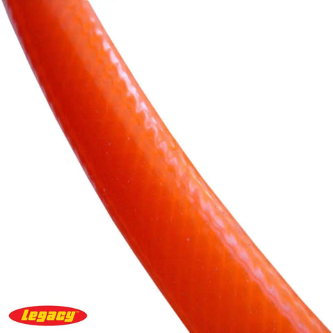 Close-up of Orange 3/8 Inch Air Hose, 50 Ft With 1/4 Inch MNPT Fittings, PVC Reinforced By Polyester Yarn, smooth texture visible.