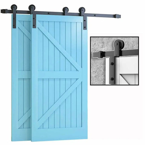 Bypass Sliding Barn Door Hardware Track Kit with Bent Hangers and Anti Jump Rollers, black finish, installed on blue doors.
