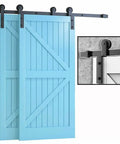 Sliding Barn Door Hardware Track System With Bent Hangers, Anti Jump Rollers, Black Finish, Easy Install on Blue Doors