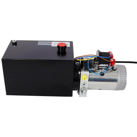 High Performance 12V DC Hydraulic Power Unit With Robust 8 Quart Steel Fluid Tank And 3HP Motor, side view of unit showing tank and motor.