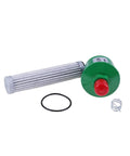 Transmission Oil Filter Kit AM120916 AM103181 M806848 Fits 240 245 260 265 285 320 325 335 345 355D Garden Tractors And Front Mowers F710 F725 F735 Heavy Duty Beefed Up Replacement Parts For Easy Trouble Free Service. Image showing components with green casing and red cap. Two filters are included along with a rubber O-ring and a spring.