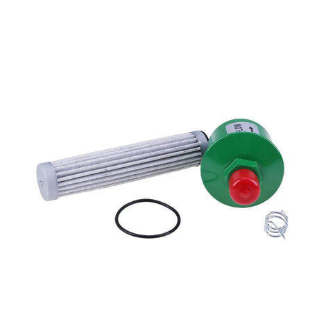 Transmission Oil Filter Kit AM120916 AM103181 M806848 Fits 240 245 260 265 285 320 325 335 345 355D Garden Tractors And Front Mowers F710 F725 F735 Heavy Duty Beefed Up Replacement Parts For Easy Trouble Free Service. Image showing components with green casing and red cap. Two filters are included along with a rubber O-ring and a spring.