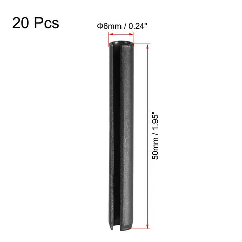 Slotted Spring Pin Kit 6mm By 50mm Plain Finish 65Mn Tension Pins Set Of 20 For Small Machine Projects shown with dimensions