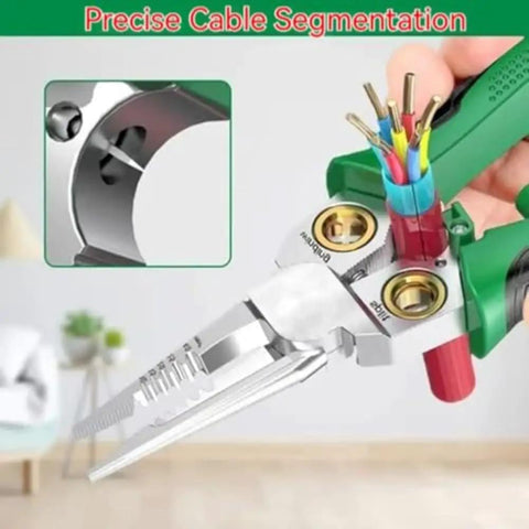 Premium Ergonomic Wire Stripper With Padded Grip For Clean Insulation Removal On Multi Size Cables, showing durable stainless steel blade and color-coded wires.