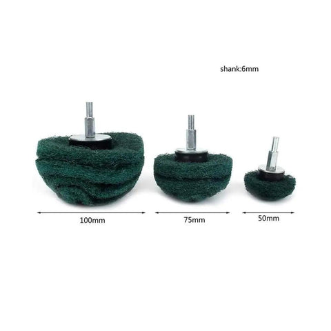Green mushroom buffing wheel set for grinders, sizes 50mm, 75mm, 100mm, with 6mm shanks.