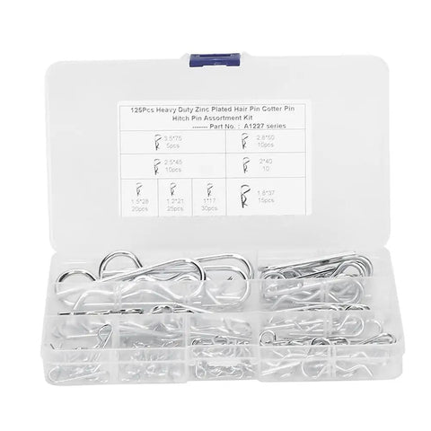 Open box of 125 Piece Anti Rust Carbon Steel Hair Pin Hitch R Cotter Kit with assorted sizes for car machinery repair.