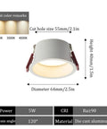 XYIANG Lighting 5W/7W/10W Led Recessed Downlight Retrofit Kit, Off-White Matte Finish, showing dimensions and color temperature options.
