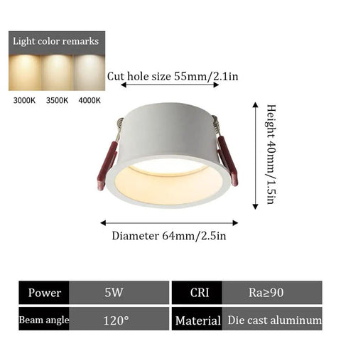 XYIANG Lighting 5W/7W/10W Led Recessed Downlight Retrofit Kit, Off-White Matte Finish, showing dimensions and color temperature options.