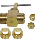 Front view of brass 3/8 in compression needle valve with T-handle for potable water systems