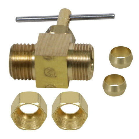 Front view of brass 3/8 in compression needle valve with T-handle for potable water systems