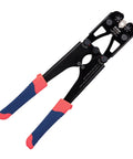 Heavy Duty Battery Cable Lug Crimping Tool For AWG 8 To 1/0 Copper And Aluminum Lugs, One Hand Adjustable Wheel, Non Welding Electrical Connection, Durable, Workhorse Quality, Easy To Use, Great For Auto And Marine Applications, black crimping tool with blue-red handles