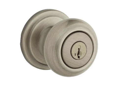 Juno Entry Door Knob With Lock And Key Secure Keyed Handle For Exterior Doors Front Entrance Or Bedroom Antique Brass Finish Pick Resistant SmartKey Rekey Security And Microban Protection
