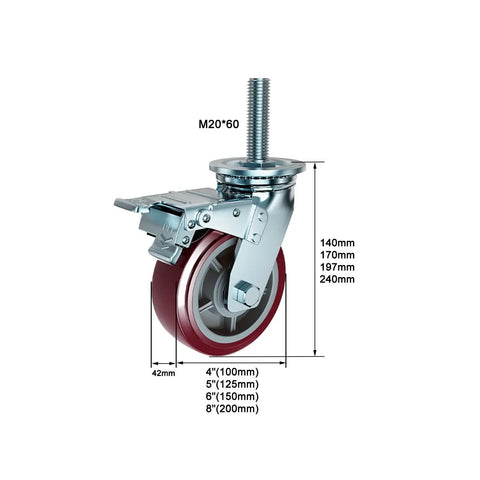 8 Inch Industrial Swivel Casters Built Tough Heavy Duty Polyurethane Rolling Wheels showing M20 threaded stem and dual lock.
