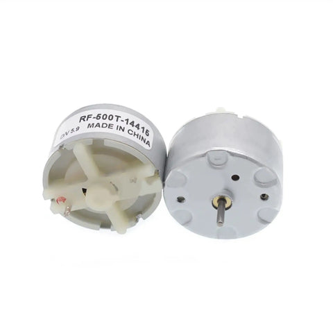 RF-500TB Micro DC Motor for Hobbyists, front and back view showing 32mm diameter and shaft
