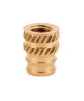 Close-up of a 50 Pack M5 0.8 Brass Threaded Insert For Plastic And 3D Printed Parts With Tapered Double Vane Nut, self threading