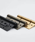 Heavy Duty 4 Inch Stainless Steel Door Hinges Set For Indoor Use Built Tough Cabinet And Closet Hinges Off Axis Design Ideal For Wood Doors Cabinets Dressers And Furniture Projects 5 Piece Pack in black, gray, and gold colors.