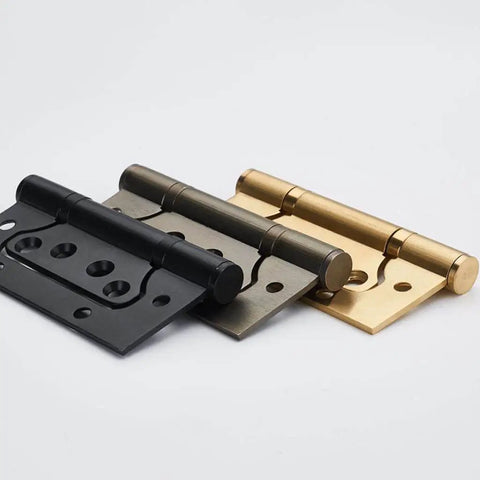 Heavy Duty 4 Inch Stainless Steel Door Hinges Set For Indoor Use Built Tough Cabinet And Closet Hinges Off Axis Design Ideal For Wood Doors Cabinets Dressers And Furniture Projects 5 Piece Pack in black, gray, and gold colors.