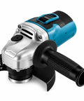 Rock Solid Electric Angle Grinder Tearing Through Metal And Wood With Knockout Torque And Adjustable Safety Guard For Smooth Cutting Grinding Polishing Plus Deep Grip Auxiliary Handle In Classic Blue Black close-up view with rubber handle and safety guard.