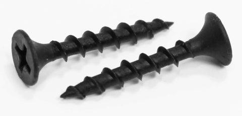 Number Six By One Inch Black High Hardness Drywall Screws With Coarse Threads, shown with Phillips drive and bugle head.