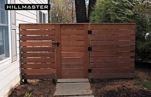 Wooden gate with Sturdy Six Inch Farm Flip Fence Gate Latch And Barn Door Lock Flip Latch Hardware In Matte Black installed.